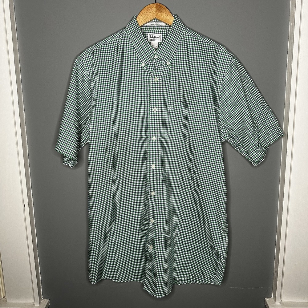 LL Bean Mens Wrinkle Resistant Shirt Gingham Check Green Blue Short Sleeve LT‎